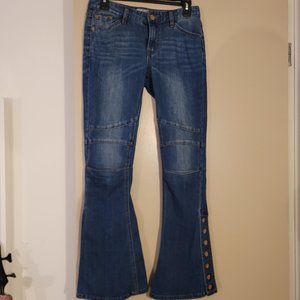 Free People Women's Skylar Washed Moto Flare Jeans With Hem Side Buttons